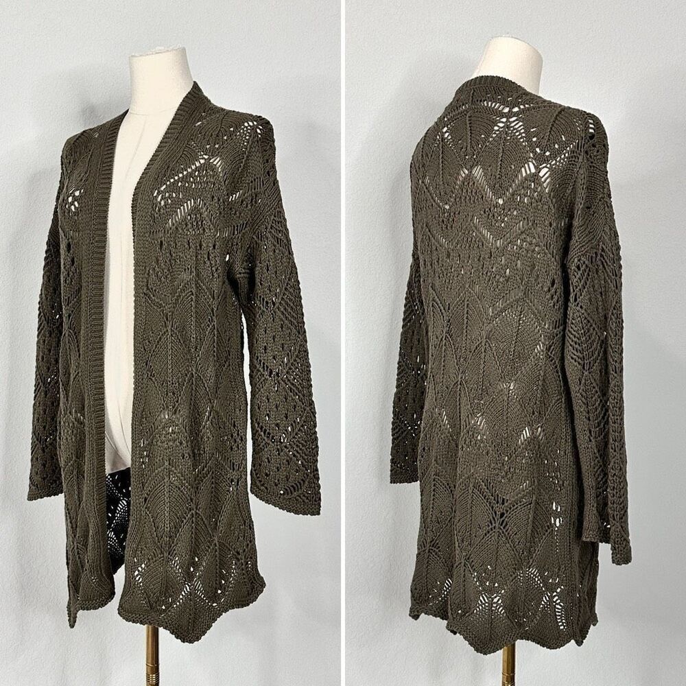 The Kooples XS Olive Green Crochet Open Knit Longline Cardigan Boho Festival - Picture 2 of 11